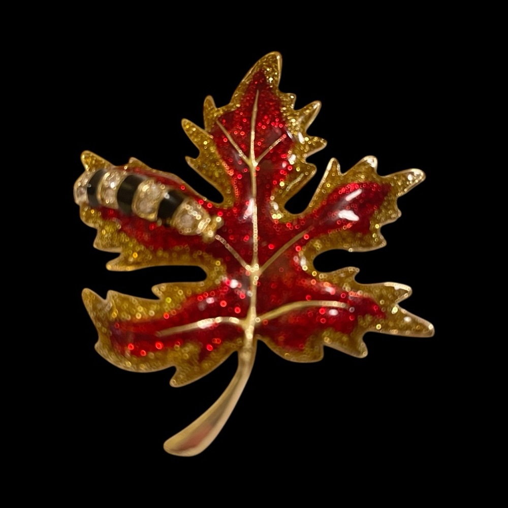 Red and Gold Leaf Brooch with a Bumble Bee